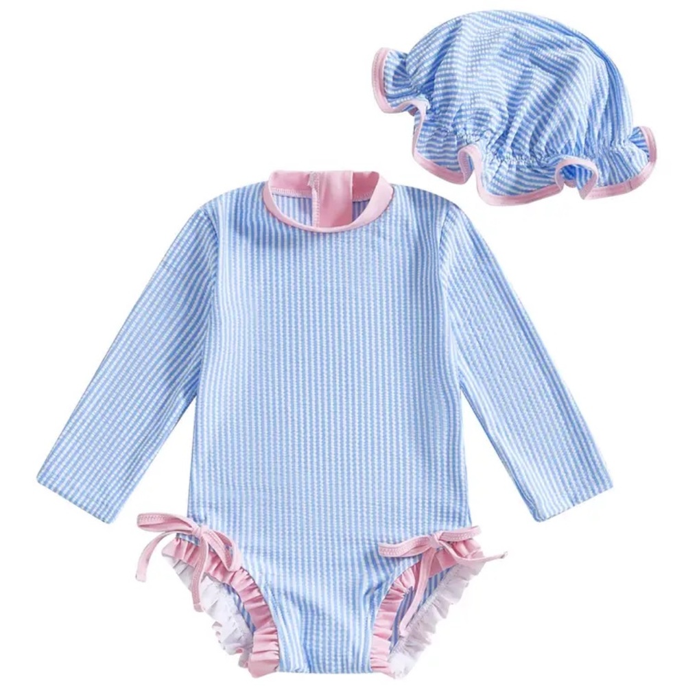 Blue and Pink Striped Kids Ruffle Swim Suit Rashguard Set With Swim Hat 3-6 mo
